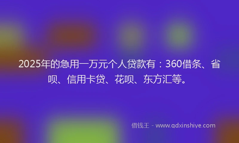 2025年的急用一万元个人贷款有：360借条、省呗、信用卡贷、花呗、东方汇等。
