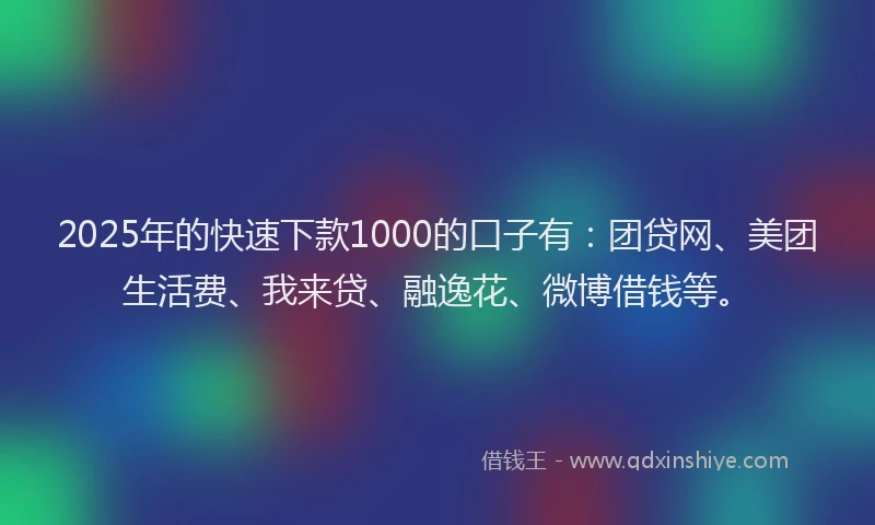 2025年的快速下款1000的口子有：团贷网、美团生活费、我来贷、融逸花、微博借钱等。