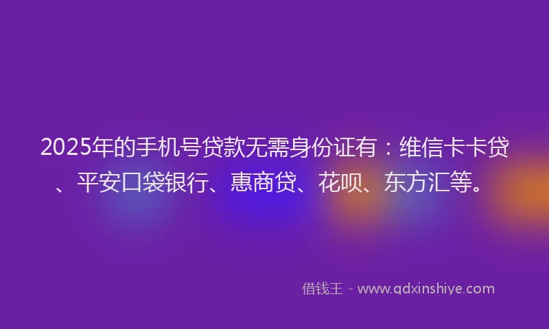 2025年的手机号贷款无需身份证有：维信卡卡贷、平安口袋银行、惠商贷、花呗、东方汇等。