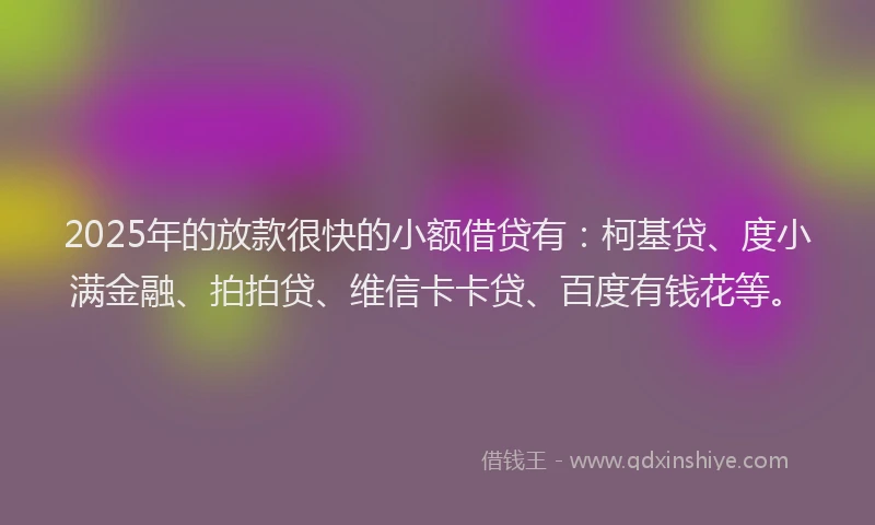 2025年的放款很快的小额借贷有：柯基贷、度小满金融、拍拍贷、维信卡卡贷、百度有钱花等。