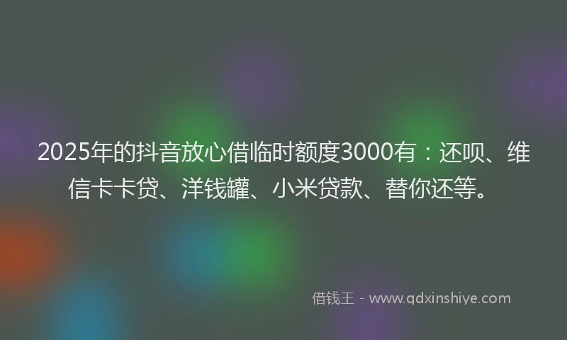 2025年的抖音放心借临时额度3000有：还呗、维信卡卡贷、洋钱罐、小米贷款、替你还等。