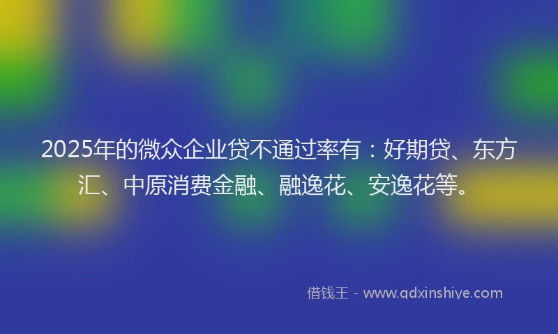 2025年的微众企业贷不通过率有：好期贷、东方汇、中原消费金融、融逸花、安逸花等。