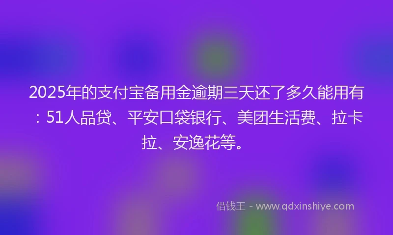 2025年的支付宝备用金逾期三天还了多久能用有：51人品贷、平安口袋银行、美团生活费、拉卡拉、安逸花等。