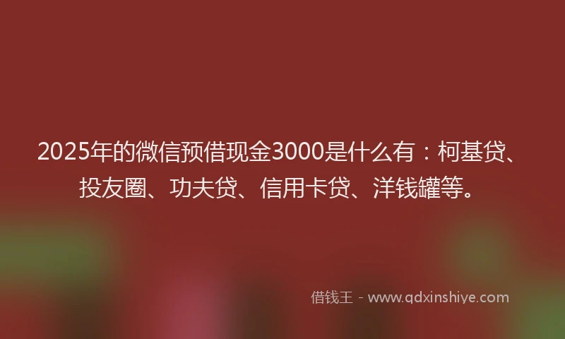 2025年的微信预借现金3000是什么有：柯基贷、投友圈、功夫贷、信用卡贷、洋钱罐等。