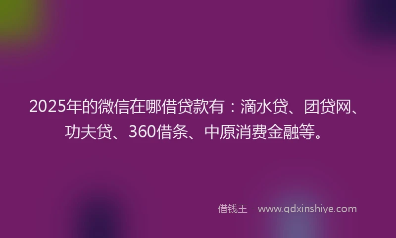 2025年的微信在哪借贷款有：滴水贷、团贷网、功夫贷、360借条、中原消费金融等。