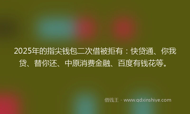 2025年的指尖钱包二次借被拒有：快贷通、你我贷、替你还、中原消费金融、百度有钱花等。