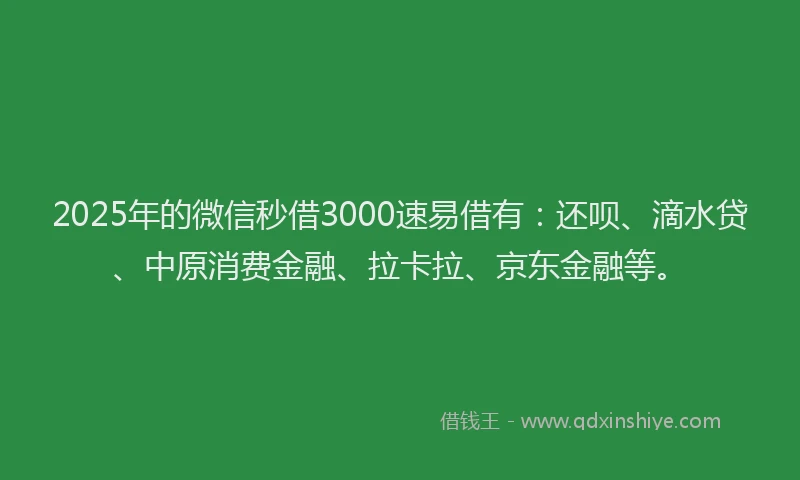 2025年的微信秒借3000速易借有：还呗、滴水贷、中原消费金融、拉卡拉、京东金融等。