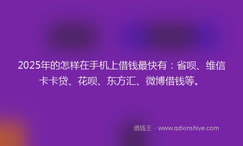 2025年的怎样在手机上借钱最快有：省呗、维信卡卡贷、花呗、东方汇、微博借钱等。
