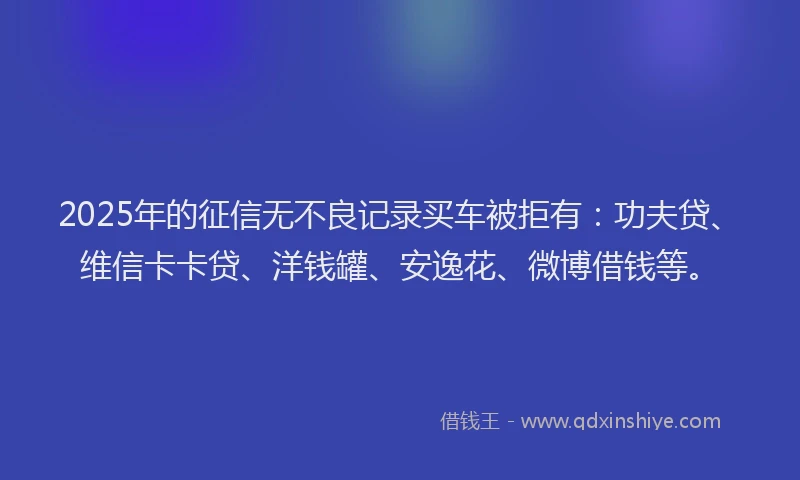 2025年的征信无不良记录买车被拒有：功夫贷、维信卡卡贷、洋钱罐、安逸花、微博借钱等。
