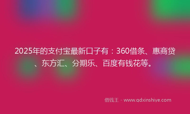 2025年的支付宝最新口子有：360借条、惠商贷、东方汇、分期乐、百度有钱花等。