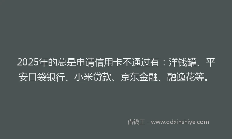 2025年的总是申请信用卡不通过有：洋钱罐、平安口袋银行、小米贷款、京东金融、融逸花等。