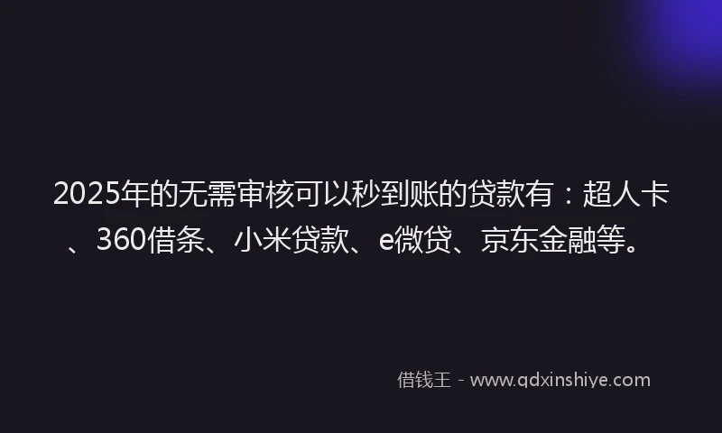 2025年的无需审核可以秒到账的贷款有：超人卡、360借条、小米贷款、e微贷、京东金融等。