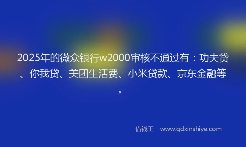 2025年的微众银行w2000审核不通过有：功夫贷、你我贷、美团生活费、小米贷款、京东金融等。