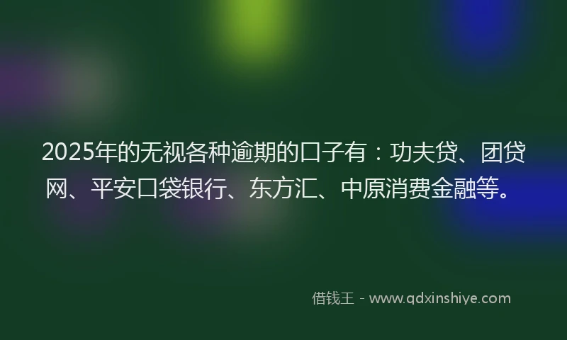 2025年的无视各种逾期的口子有：功夫贷、团贷网、平安口袋银行、东方汇、中原消费金融等。