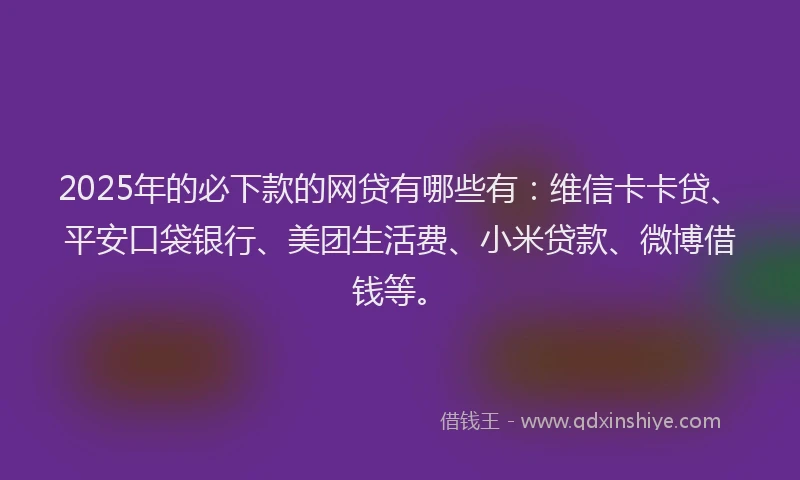 2025年的必下款的网贷有哪些有：维信卡卡贷、平安口袋银行、美团生活费、小米贷款、微博借钱等。
