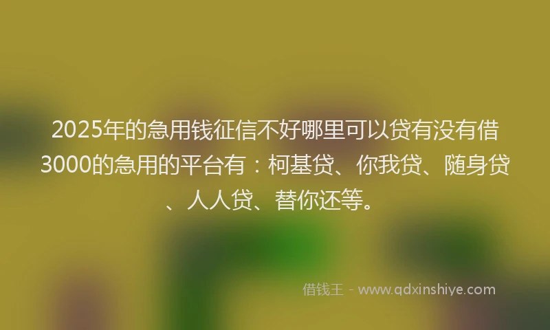 2025年的急用钱征信不好哪里可以贷有没有借3000的急用的平台有：柯基贷、你我贷、随身贷、人人贷、替你还等。