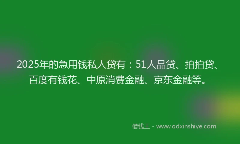 2025年的急用钱私人贷有：51人品贷、拍拍贷、百度有钱花、中原消费金融、京东金融等。