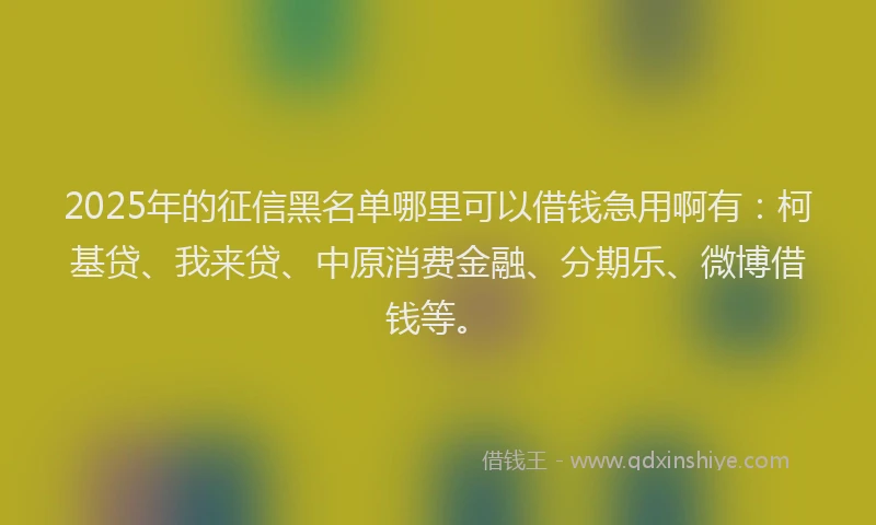 2025年的征信黑名单哪里可以借钱急用啊有：柯基贷、我来贷、中原消费金融、分期乐、微博借钱等。