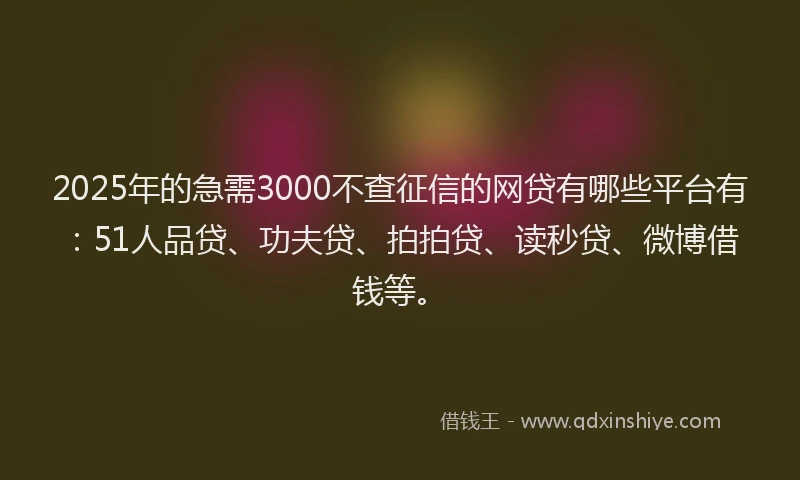2025年的急需3000不查征信的网贷有哪些平台有：51人品贷、功夫贷、拍拍贷、读秒贷、微博借钱等。