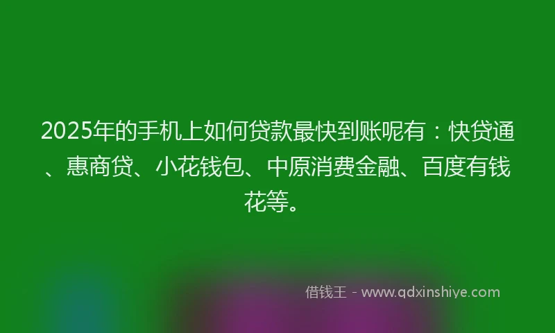 2025年的手机上如何贷款最快到账呢有：快贷通、惠商贷、小花钱包、中原消费金融、百度有钱花等。