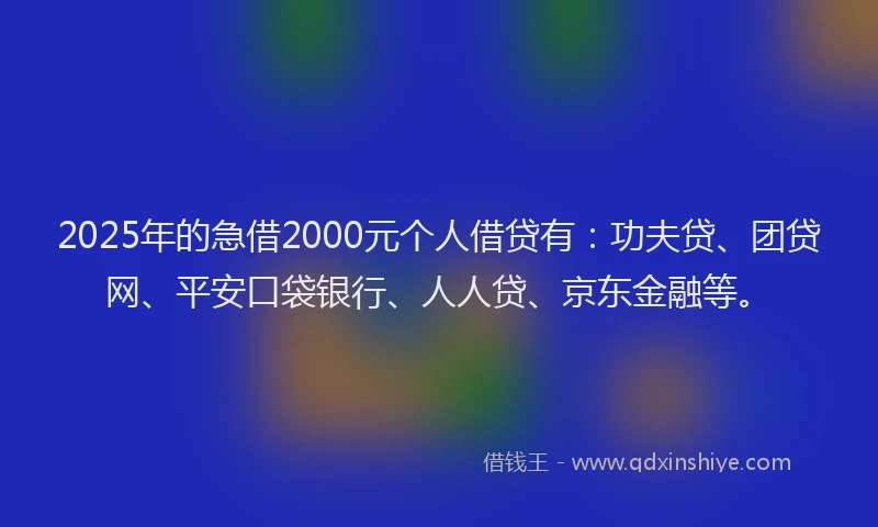 2025年的急借2000元个人借贷有：功夫贷、团贷网、平安口袋银行、人人贷、京东金融等。
