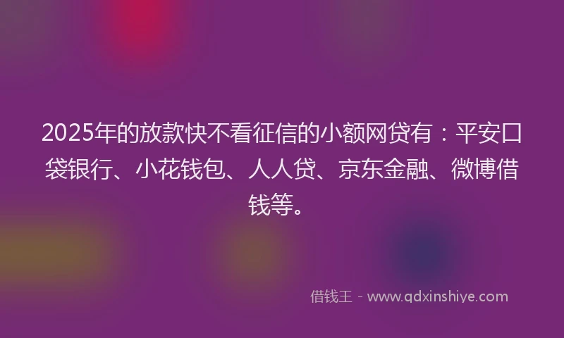2025年的放款快不看征信的小额网贷有：平安口袋银行、小花钱包、人人贷、京东金融、微博借钱等。