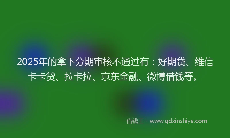 2025年的拿下分期审核不通过有：好期贷、维信卡卡贷、拉卡拉、京东金融、微博借钱等。