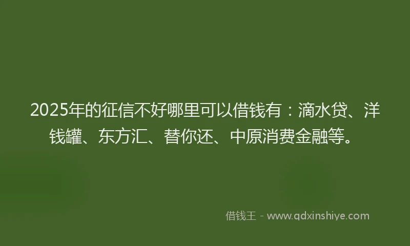 2025年的征信不好哪里可以借钱有：滴水贷、洋钱罐、东方汇、替你还、中原消费金融等。