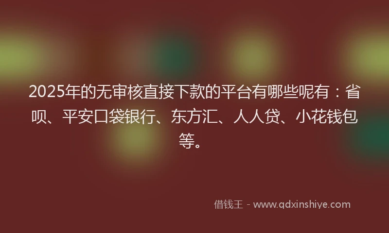 2025年的无审核直接下款的平台有哪些呢有：省呗、平安口袋银行、东方汇、人人贷、小花钱包等。