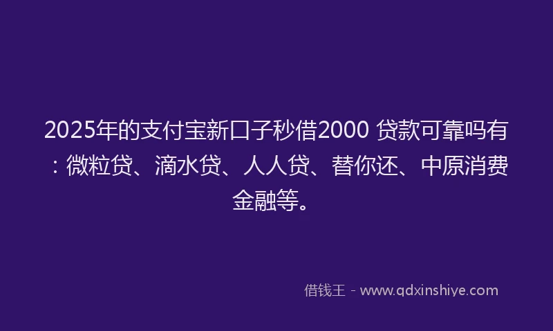 2025年的支付宝新口子秒借2000 贷款可靠吗有：微粒贷、滴水贷、人人贷、替你还、中原消费金融等。