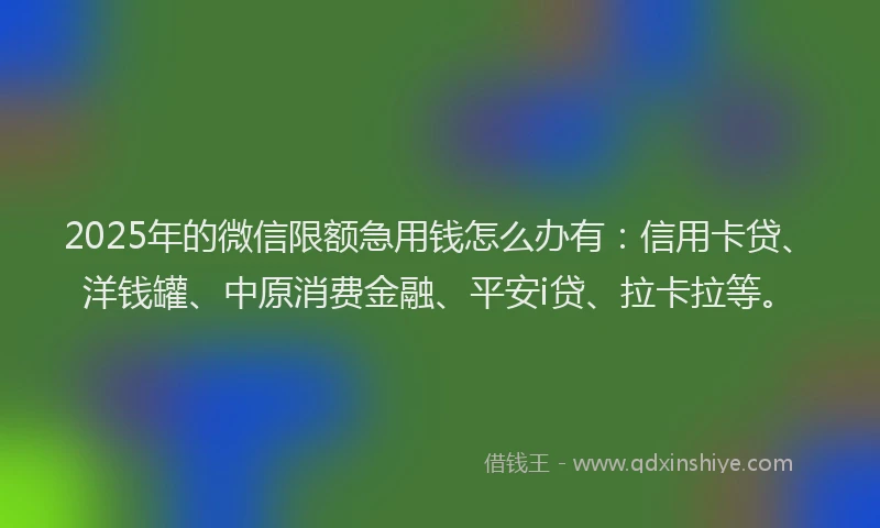 2025年的微信限额急用钱怎么办有：信用卡贷、洋钱罐、中原消费金融、平安i贷、拉卡拉等。