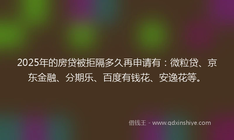 2025年的房贷被拒隔多久再申请有：微粒贷、京东金融、分期乐、百度有钱花、安逸花等。