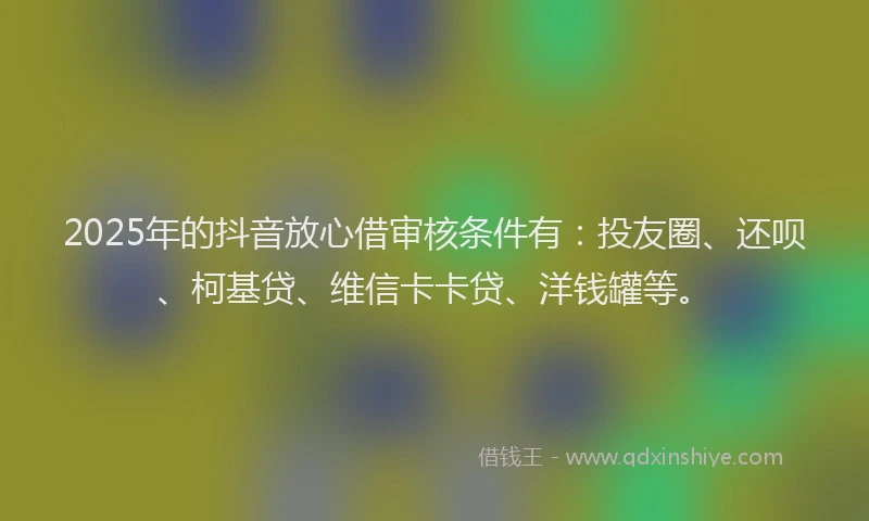 2025年的抖音放心借审核条件有：投友圈、还呗、柯基贷、维信卡卡贷、洋钱罐等。