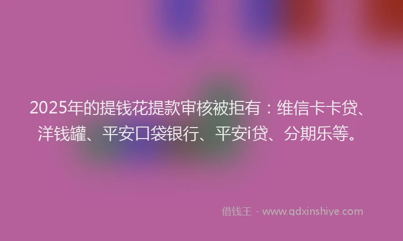 2025年的提钱花提款审核被拒有：维信卡卡贷、洋钱罐、平安口袋银行、平安i贷、分期乐等。