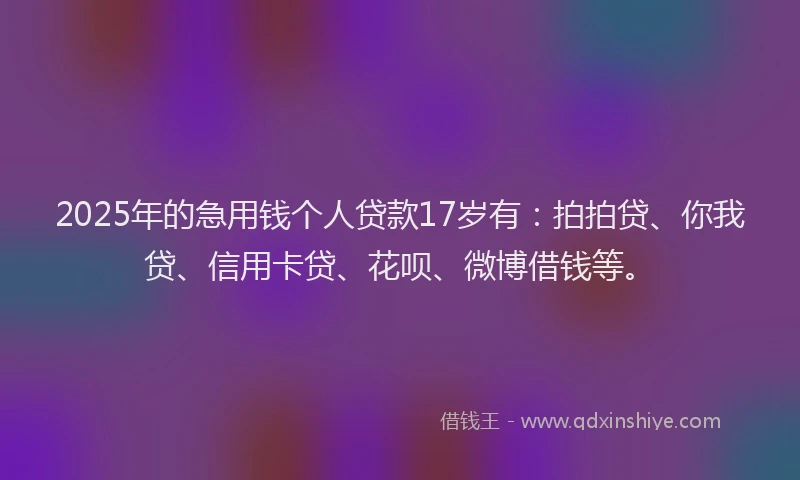 2025年的急用钱个人贷款17岁有：拍拍贷、你我贷、信用卡贷、花呗、微博借钱等。