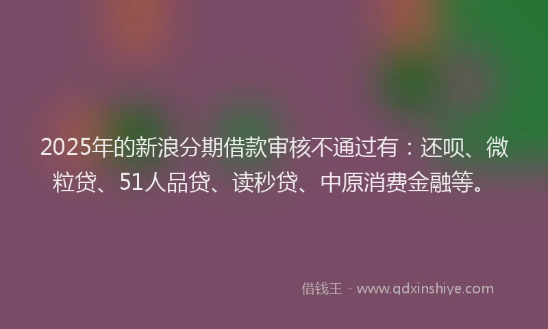 2025年的新浪分期借款审核不通过有：还呗、微粒贷、51人品贷、读秒贷、中原消费金融等。