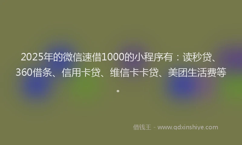 2025年的微信速借1000的小程序有：读秒贷、360借条、信用卡贷、维信卡卡贷、美团生活费等。