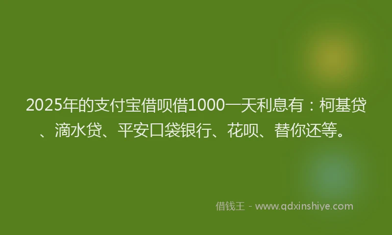 2025年的支付宝借呗借1000一天利息有：柯基贷、滴水贷、平安口袋银行、花呗、替你还等。