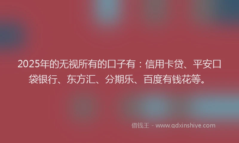 2025年的无视所有的口子有：信用卡贷、平安口袋银行、东方汇、分期乐、百度有钱花等。