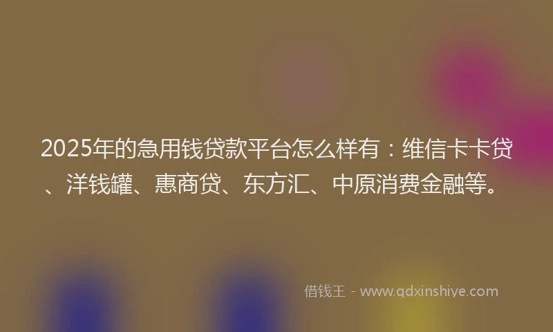 2025年的急用钱贷款平台怎么样有：维信卡卡贷、洋钱罐、惠商贷、东方汇、中原消费金融等。