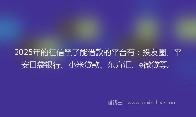 2025年的征信黑了能借款的平台有：投友圈、平安口袋银行、小米贷款、东方汇、e微贷等。