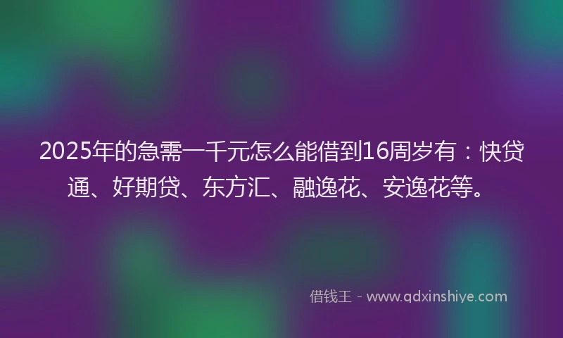 2025年的急需一千元怎么能借到16周岁有：快贷通、好期贷、东方汇、融逸花、安逸花等。