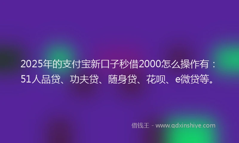 2025年的支付宝新口子秒借2000怎么操作有：51人品贷、功夫贷、随身贷、花呗、e微贷等。