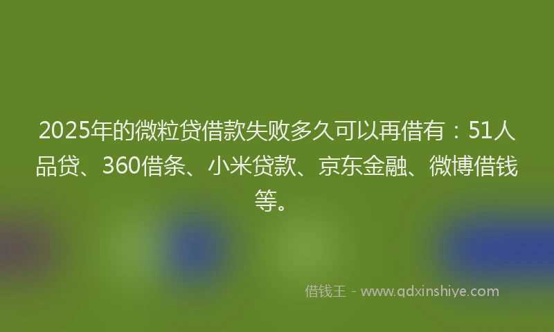 2025年的微粒贷借款失败多久可以再借有：51人品贷、360借条、小米贷款、京东金融、微博借钱等。