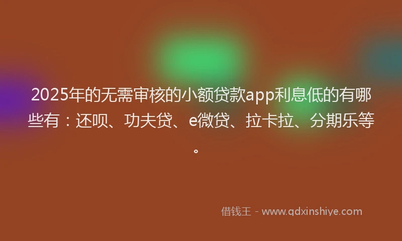 2025年的无需审核的小额贷款app利息低的有哪些有：还呗、功夫贷、e微贷、拉卡拉、分期乐等。
