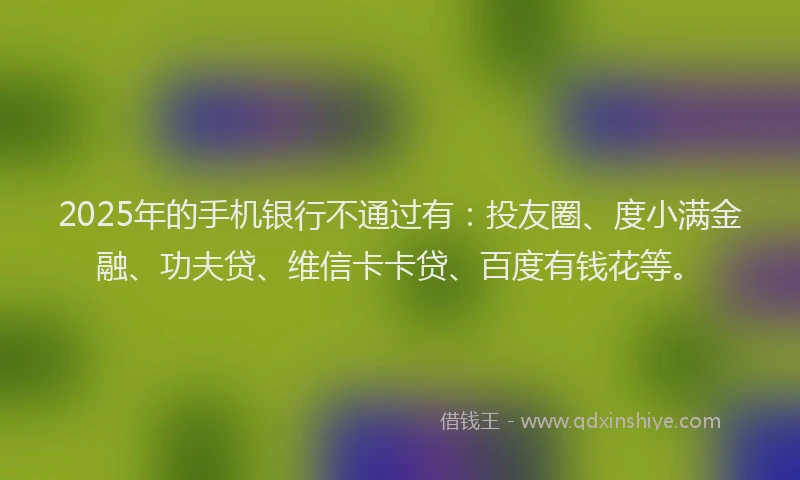 2025年的手机银行不通过有：投友圈、度小满金融、功夫贷、维信卡卡贷、百度有钱花等。