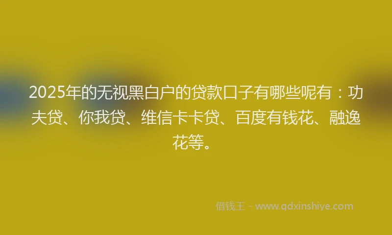 2025年的无视黑白户的贷款口子有哪些呢有：功夫贷、你我贷、维信卡卡贷、百度有钱花、融逸花等。