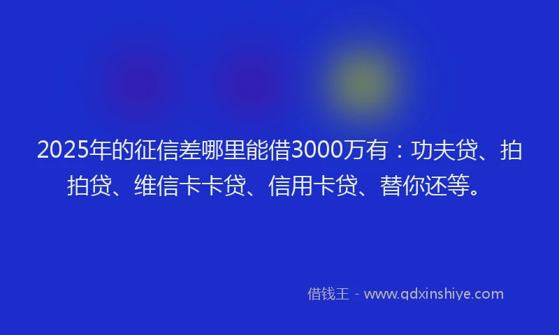 2025年的征信差哪里能借3000万有：功夫贷、拍拍贷、维信卡卡贷、信用卡贷、替你还等。