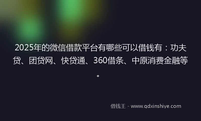 2025年的微信借款平台有哪些可以借钱有：功夫贷、团贷网、快贷通、360借条、中原消费金融等。