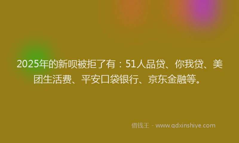 2025年的新呗被拒了有：51人品贷、你我贷、美团生活费、平安口袋银行、京东金融等。